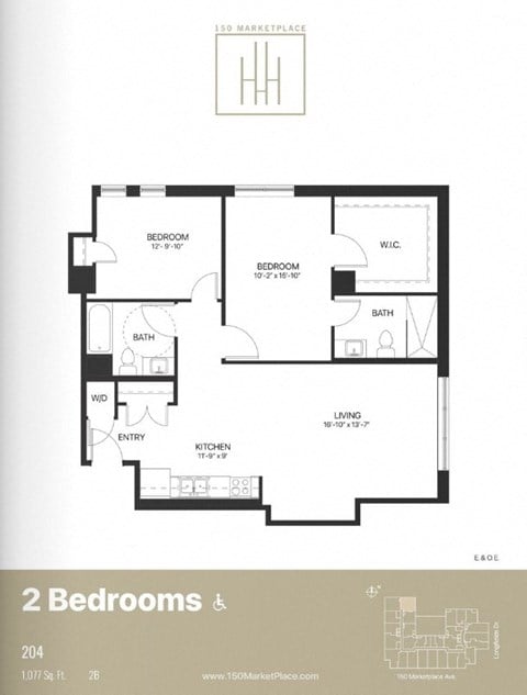 Floor plan for 2 beds, 2 baths, 1261 sqft